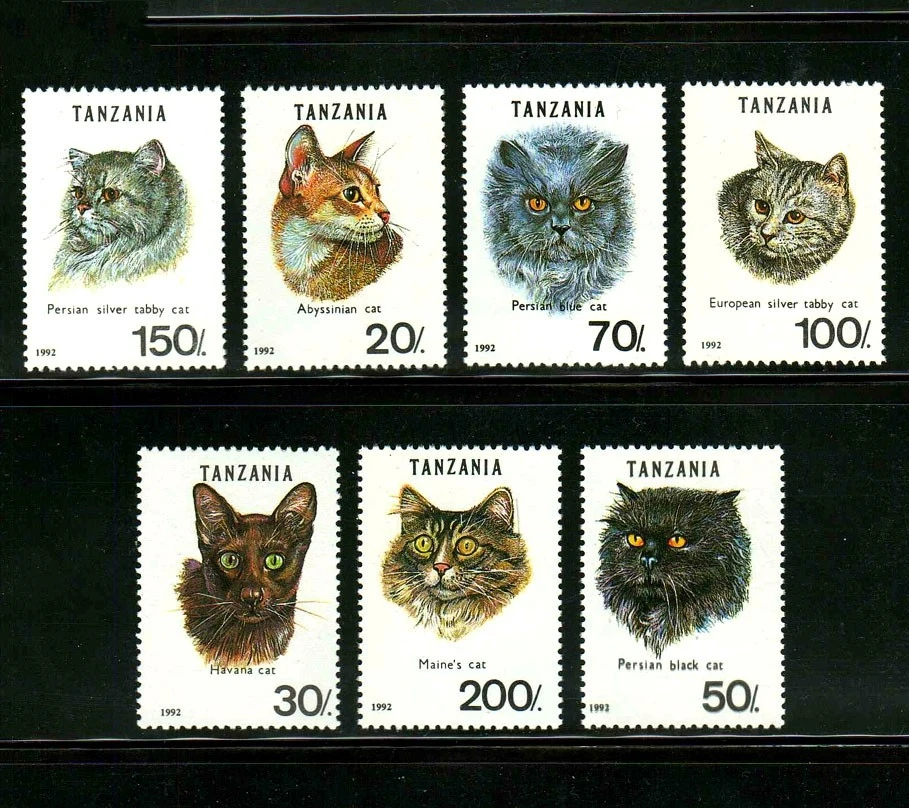 

7 шт./компл. новая почтовая марка Танзании 1992 штампы для домашних животных кошки MNH