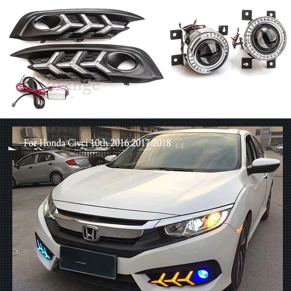 

Светодиодный ные дневные ходовые огни с ангельскими глазками для Honda Civci 10th 2016 2017 2018, Автомобильные светодиодные drl передние противотуманные...