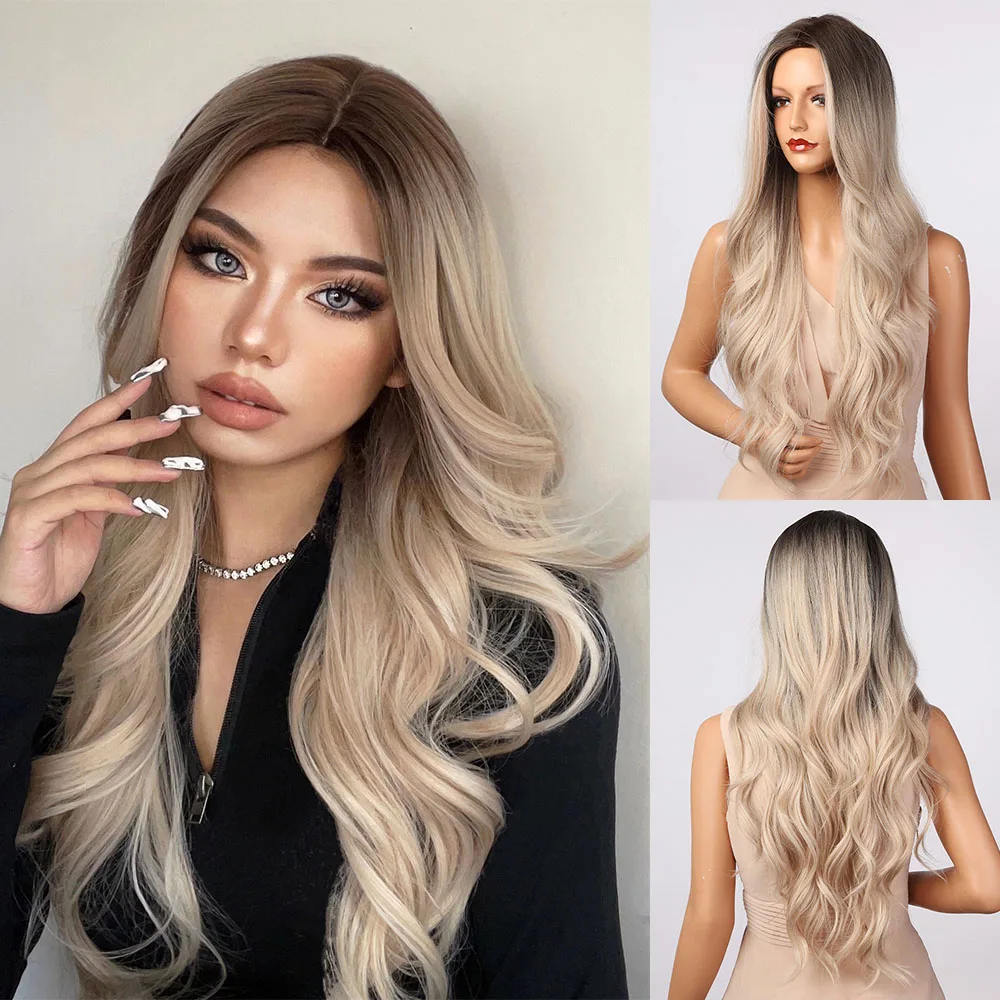 HENRY MARGU Blonde Platinum Ombre Brown Synthetic Wig for Women Long Wavy Natural Wigs Cosplay Middle Part Wig Heat Resistant