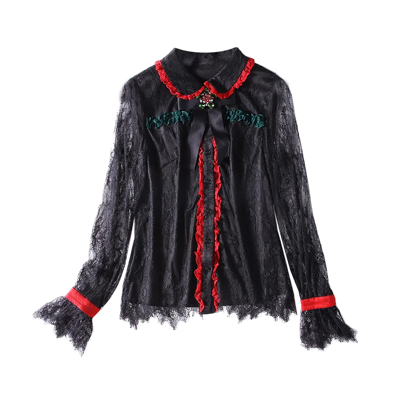 

New Bump color stitching hollow out lace clairvoyant feeling comes with full small ornament a5820 joker shirt