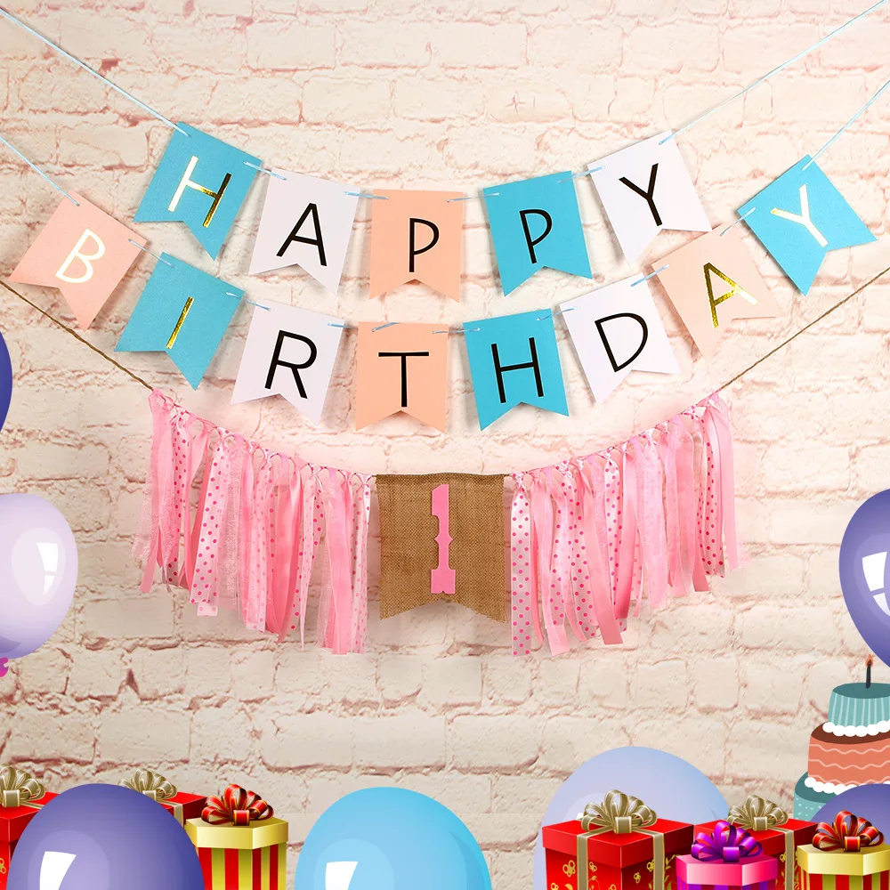 

Синий Розовый баннер на первый день рождения ребенка украшение на 1-й День рождения мальчика девочки я один флажок Украшение на день рождени...