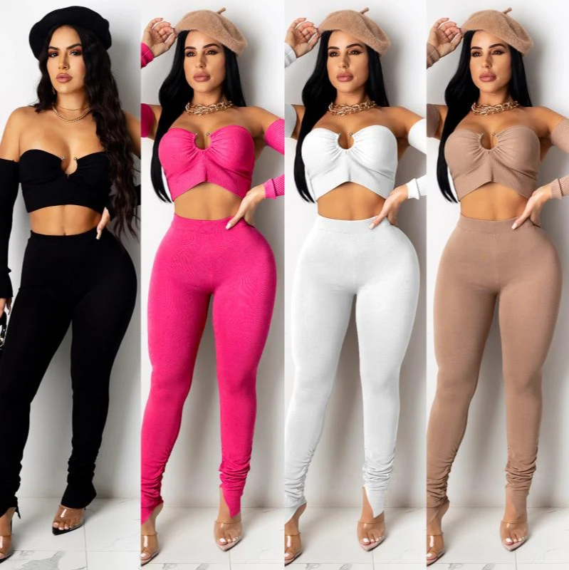 

Осенне-зимний Модный облегающий костюм из двух предметов с оборками на груди и длинными рукавами