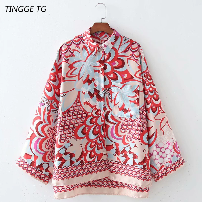 

New Autumn fashion Women's clothing 2021 Phoenix Red Print Lapel Loose Shirt Roupa feminino Chemise femme блузка crop top Y2k