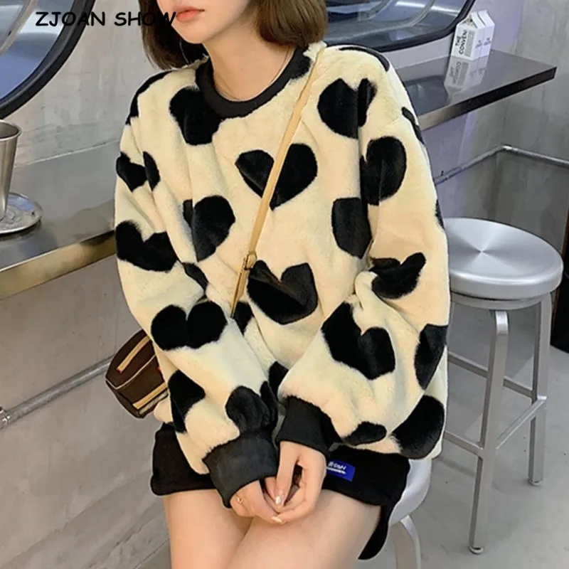 

Harajuku Winter Hairy Shaggy Contrast Color Heart Faux Fur Sweatshirt Women Long sleeve Furry Pullover Sweats Coat Outerwear