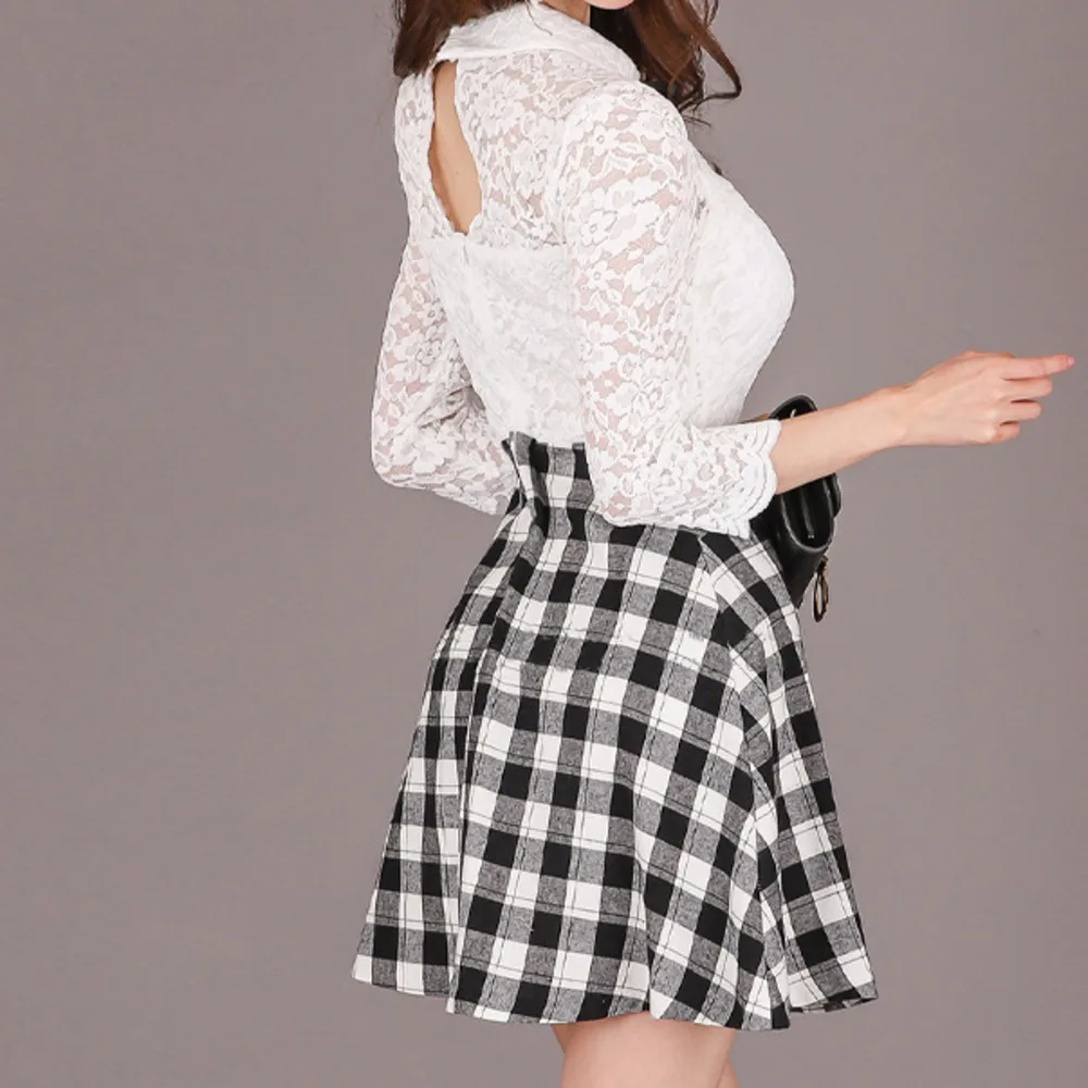 

BacklakeGirls 2021 New Ladies Elegant Lace Patchwork Dress High Waist Slim A-line One Piece Dress Short Cocktail Dress For Women