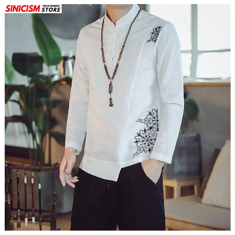 Sinicism Store Мужская рубашка с вышивкой и длинным рукавом Осенняя винтажная