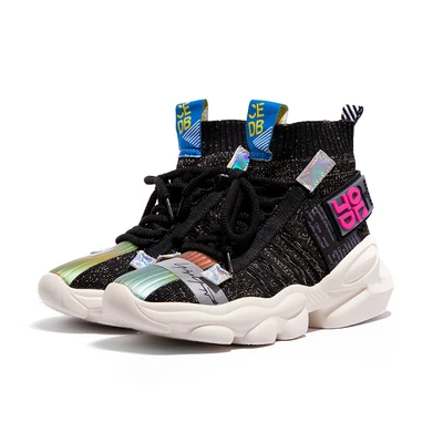IGU/женские кроссовки; обувь на плоской платформе; tenis feminino; эластичные носки; флуоресцентная обувь с высоким берцем; женская обувь; большие размеры 41, 42 - Цвет: Черный