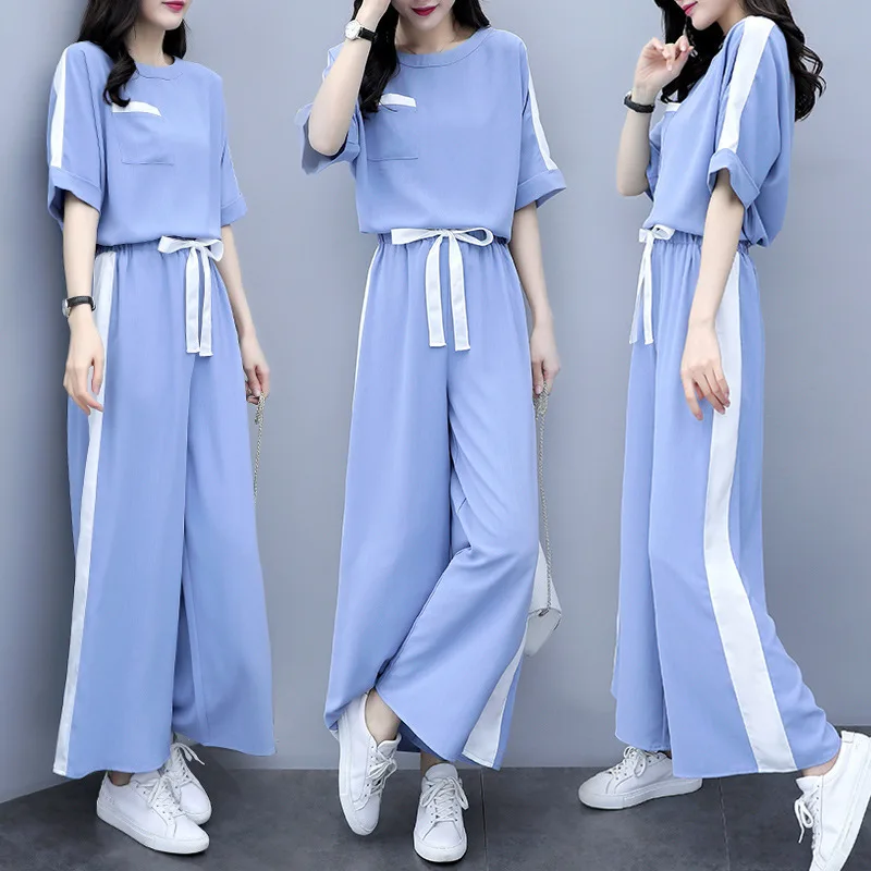 Женский комплект новые модные однотонные футболки с коротким рукавом и широкие