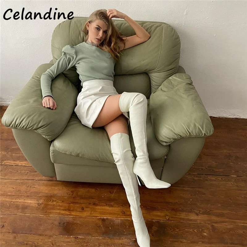 

Celandine Knitted Women Casual Long Puff Sleeve One Shoulder Cropped T Shirt Tops Sexy Ladies Basic Slim Tees Spring Summer 2021