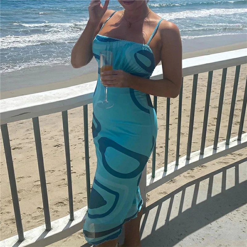 

Women Summer Sleeveless sexy Dress Adults Vintage Slim-fit Swirl Print Spaghetti Strap Summer Backless Party Midi Dresses 2021