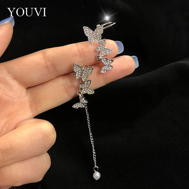 

YOUVI Fashion Butterfly Clip Earrings Ear Hook Silver Color Ear Clips Double pierced Earring Earrings Women Girls Jewelry
