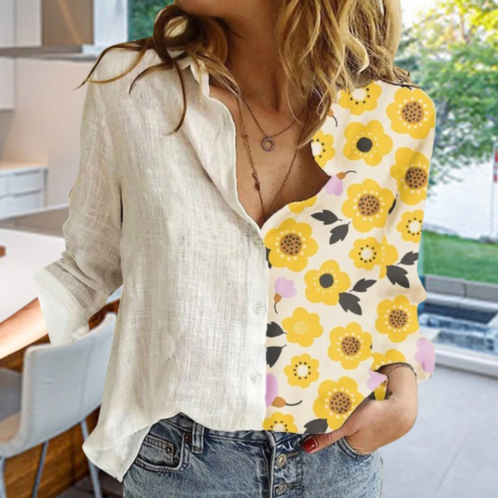 

Женская хлопковая блузка с длинным рукавом, элегантная повседневная Свободная блузка с принтом маргариток, винтажная туника на пуговицах, ...