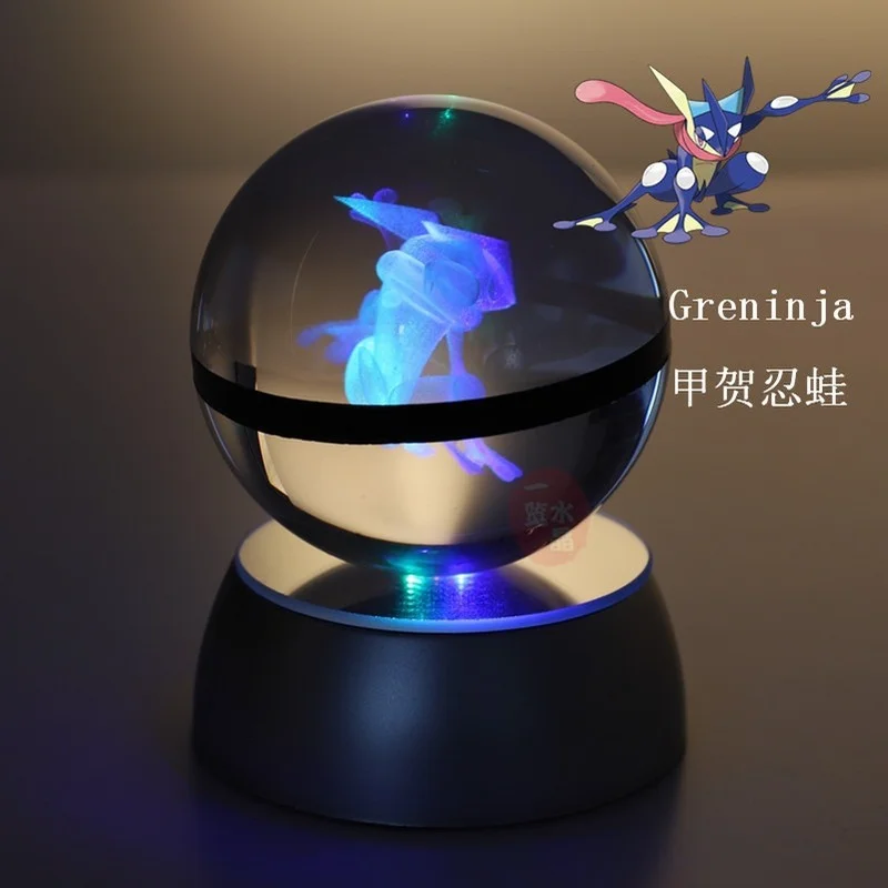 Anime Pokemon 3D Crystal Ball Greninja Figure Pokeball Engraving Crystal Model with LED Light Base Kids Gift ANIME GIFT