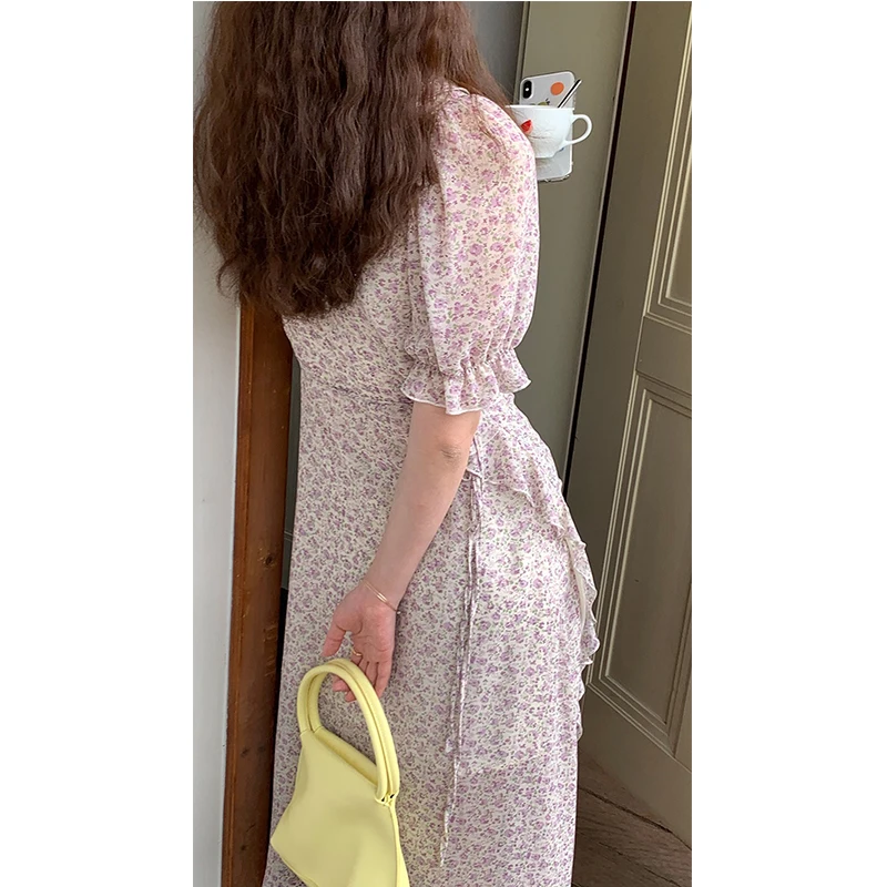 

Tea Break Lisianthus Women Dress Chiffon Puff Short Sleeve Floral Dresses Irregularly Designed Long Skirt Pastoral Style Female