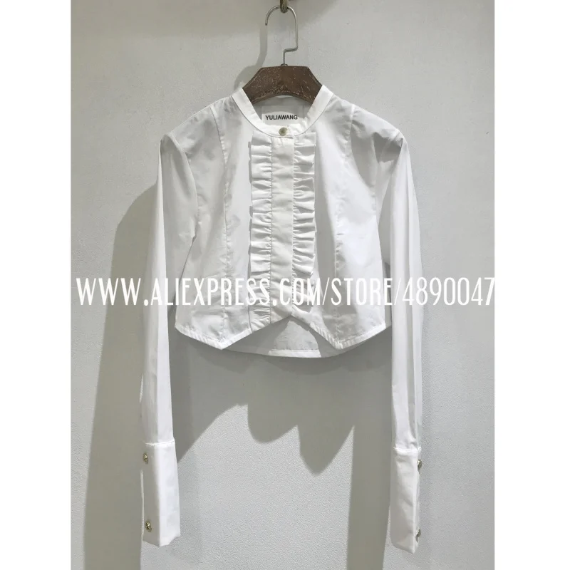 

classic white shirt with wooden ears diamond buttons long-sleeved shirt tops women casual high quality Short cut waist shirt