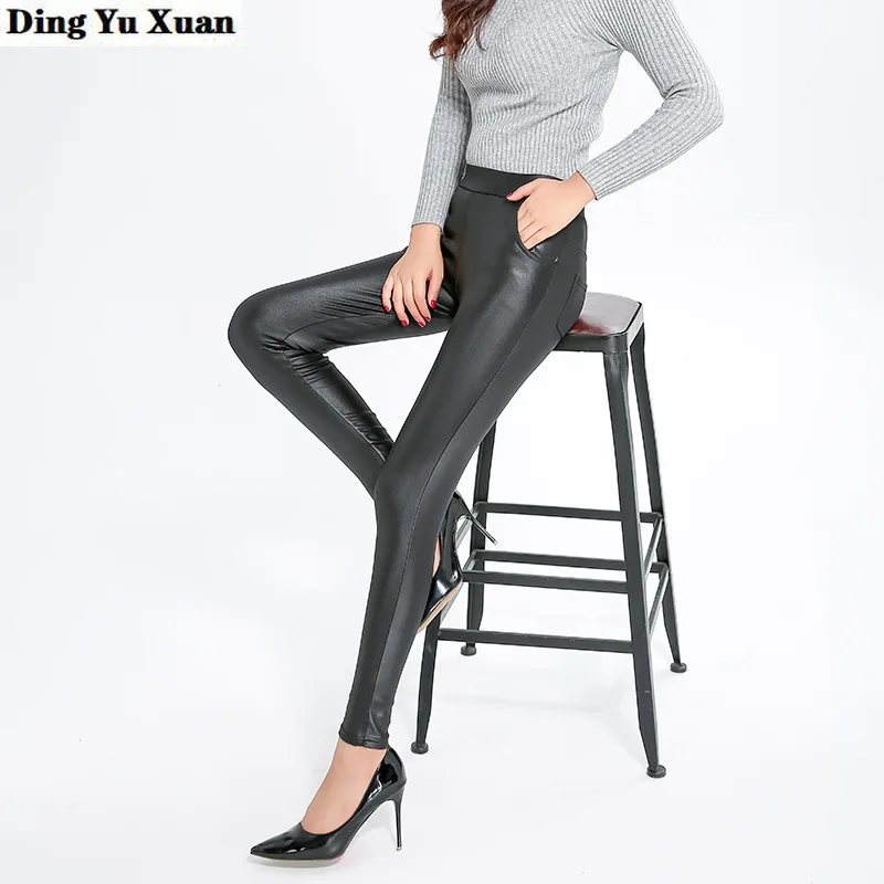 Womens Faux Leather Leggings with Pockets Women High Waist Stretch Pu Leather Pencil Pants Spring Push Up Leggins Mujer Big Size