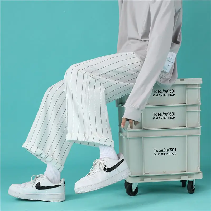 

Spring Cotton Striped Pants Men's Fashion Casual Wide-leg Pants Men Streetwear Korean Loose Hip-hop Straight Pants Mens Trousers