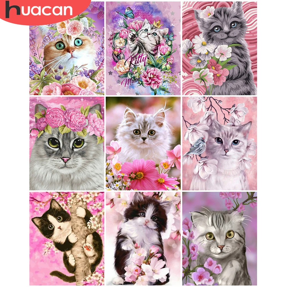 

HUACAN Painting By Number Flower Cat Kits For Adults Handpainted DIY Coloring By Number Animals Home Decoration