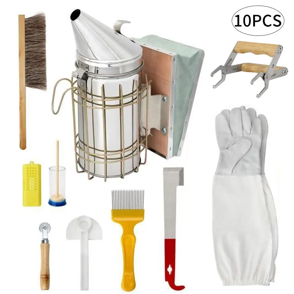 

10PCS Stainless Steel Beekeeping Tools Equipment Kit Accessories Set Bee Hive Starter Kit Beekeeper Supplies With Beehive Smoker