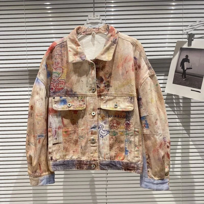 

Graffiti Painting Embroidery Letter Denim Jacket Women 2021 Autumn New Trend Street Short Coat