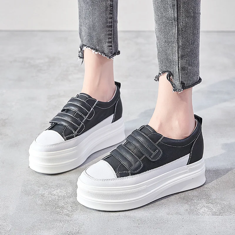 

SWONCO White Shoes Genuine Leather Platform Sneakers Women Causal Shoes Black/white 2020 Spring Flat Hook Loop Casual Sneakers