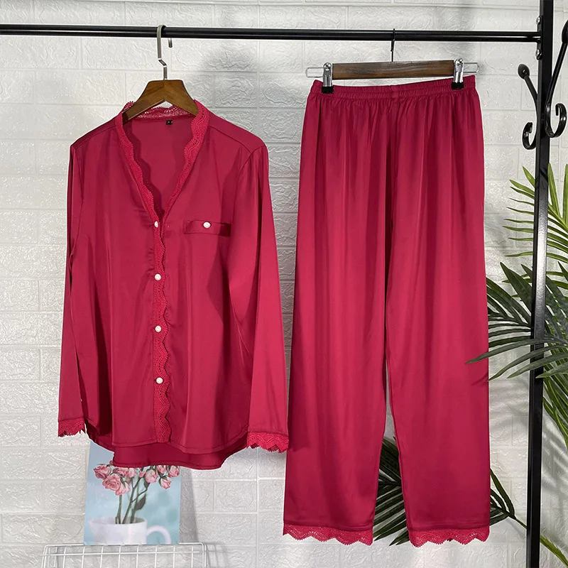 

V-Neck Pajamas Suit Female Spring Autumn Satin Sleepwear Long Sleeve Top&Pants Thin Loose Casual Home Clothing Sexy Pyjamas