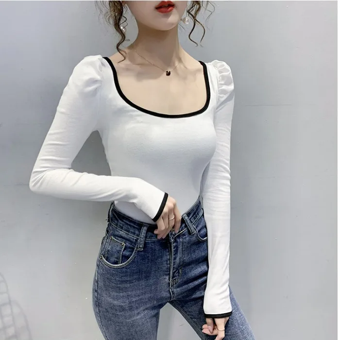 

Women Long Sleeve Low Cut T Shirts Bandage Tops Autumn Spring Sexy Tight Bodycon Puff Sleeve T-Shirt Office Lady Basic