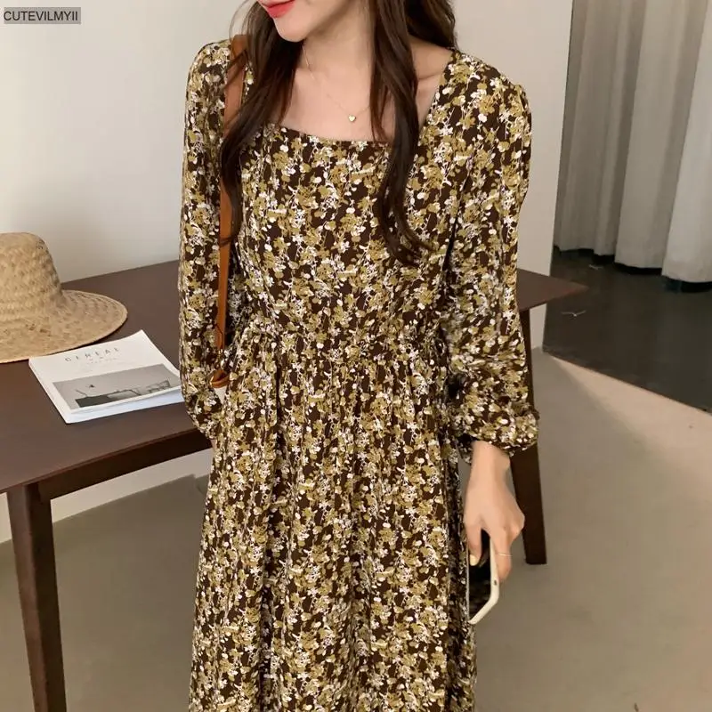 

Female Fashion Clothes 2020 Women Autumn Spring Floral Print Vintage Loose Long Square Collar Gentle French Elegant Long Dress