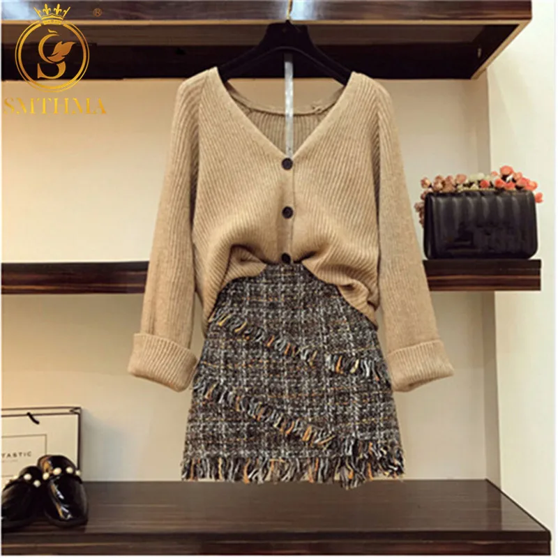Теплый женский комплект из юбки и кофты SMTHMA, женский комплект из короткой твидовой юбки с бахромой и вязаной кофты на пуговицах с расклешенным рукавом, на осень и зиму