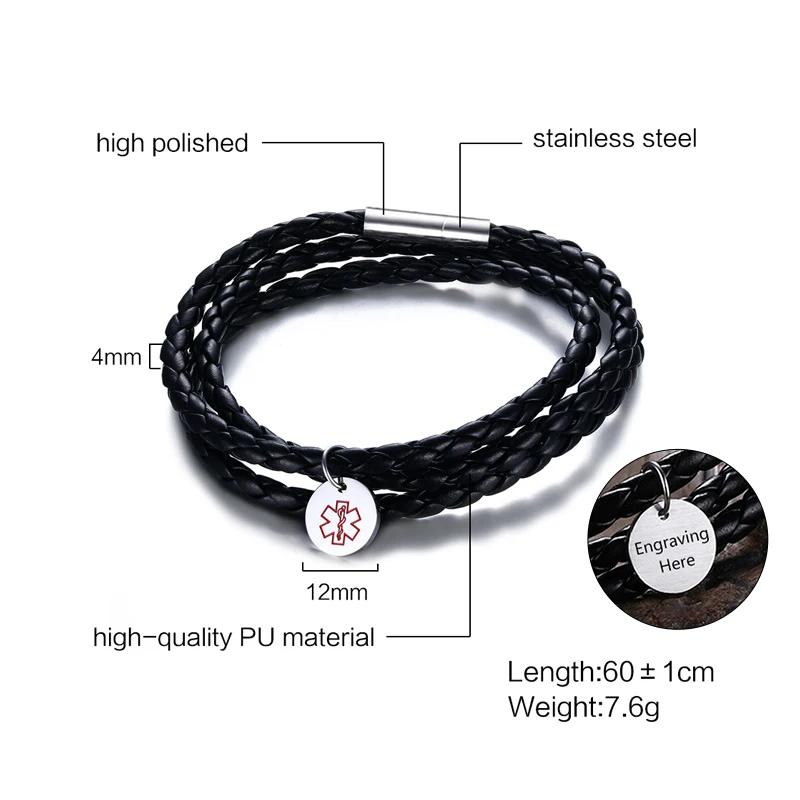 Персонализированный черный плетеный кожаный тройной браслет медицинский с