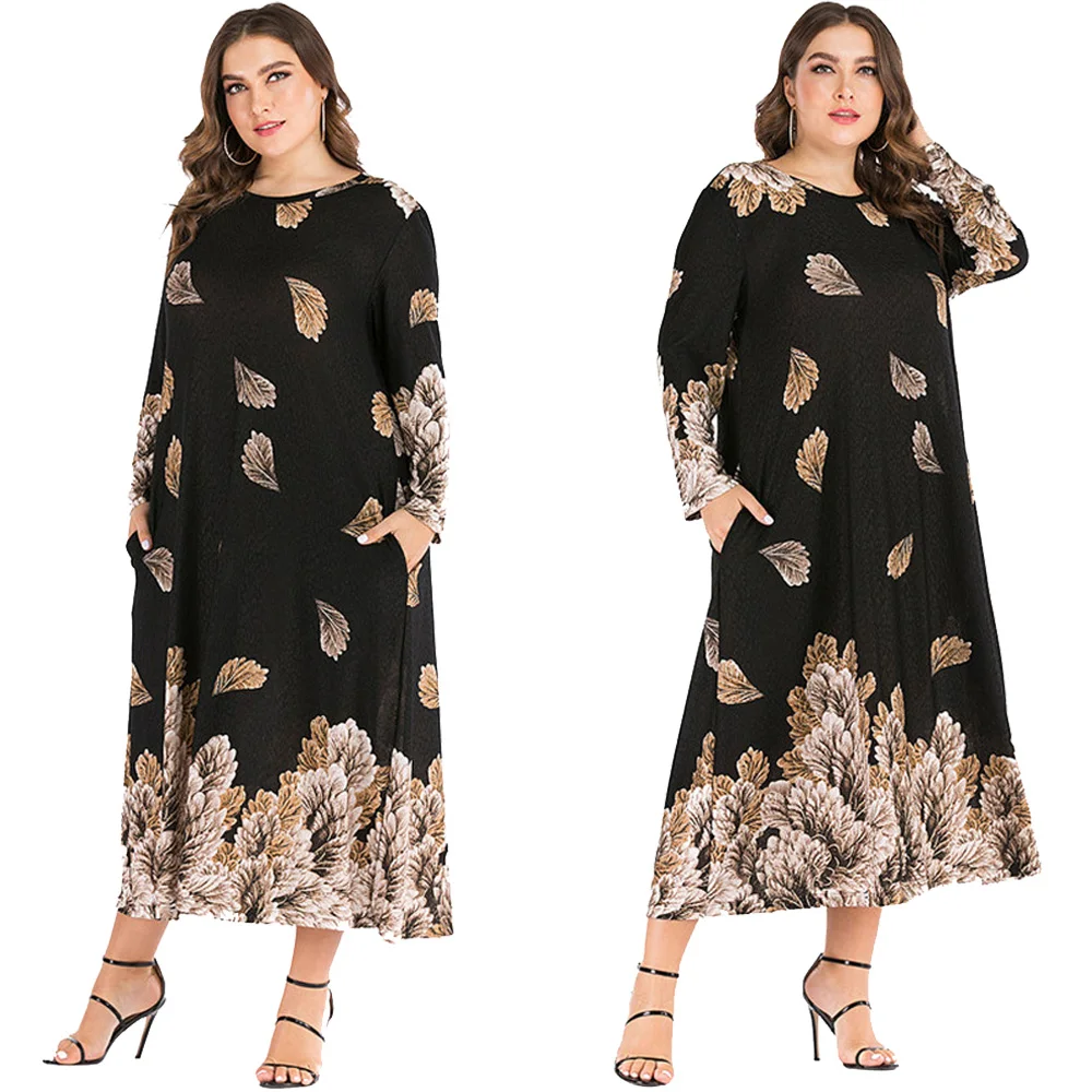 

Caftan Muslim Women Printed Long Dress Plus Size Spring Summer Long Sleeve Maxi Robe Vintage Islamic Ramadan Gown Middle East