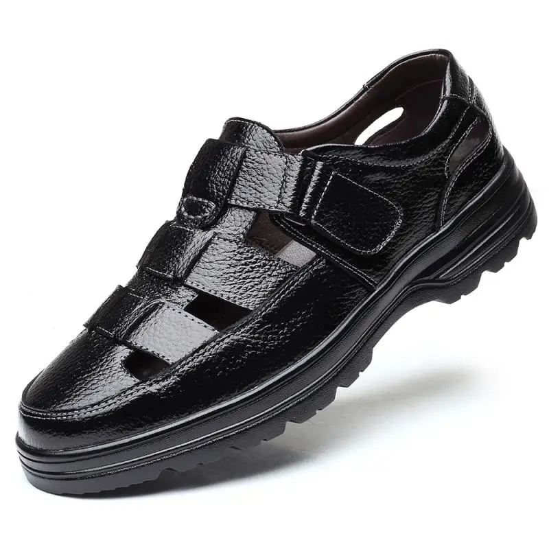 

Mens Sandals Black Summer Beach Breathable Outdoor PU Leather Casual Shoe Flat Closed Toe Big Size 38-48 Leisure Sandal For Men