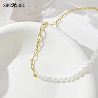 sipengjel stainless steel natural pearl pendant neckalce punk charms thick chain choker necklace for women party jewelry 2021