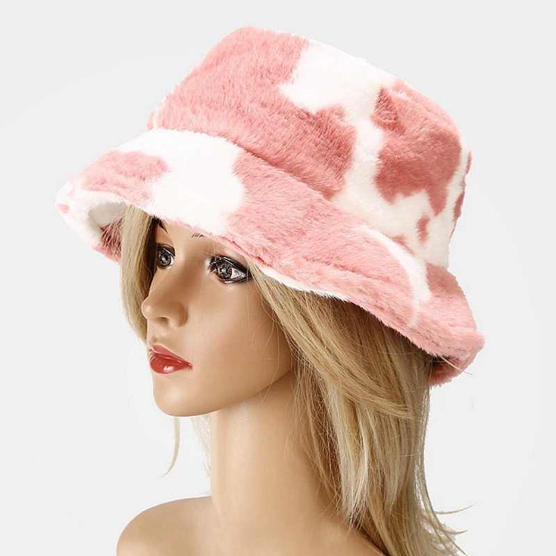 На зиму с принтом коровы плюшевые ведро шапки для женщин мягкий бархат рыбацкой