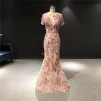marchesa real pictures luxurious beads purple pink o neck short sleeves mermaid feathers floor length formal party evening dress