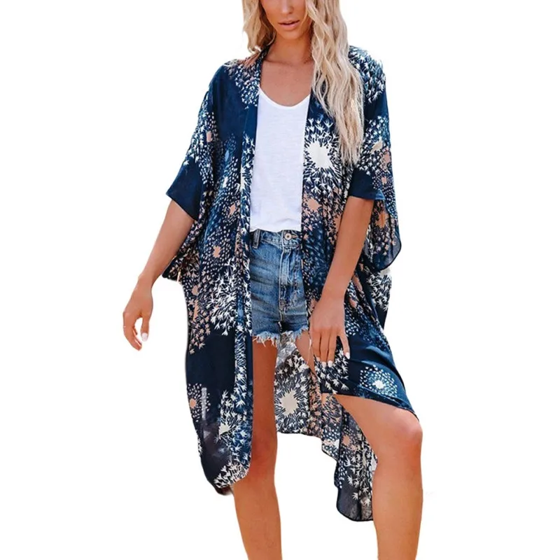 

Модная Летняя женская пляжная рубашка в европейском и американском стиле, повседневный свободный шифоновый кардиган с принтом