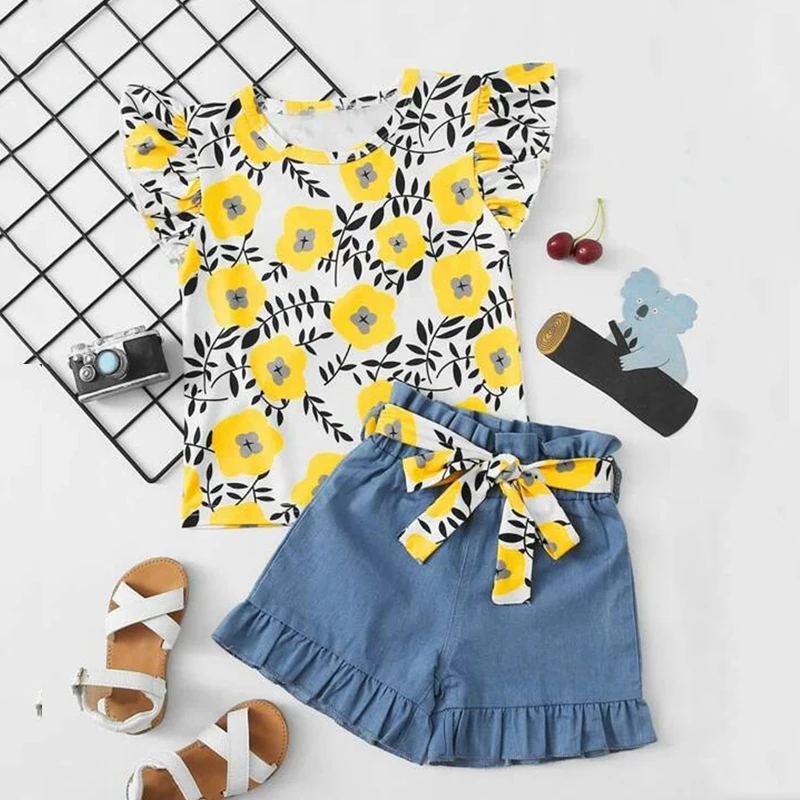 

Explosive Girls Suit 2021 Spring Summer New Girl Sleeveless Flower Printing Tops + Denim Shorts Two Pieces Little Girls Clothing