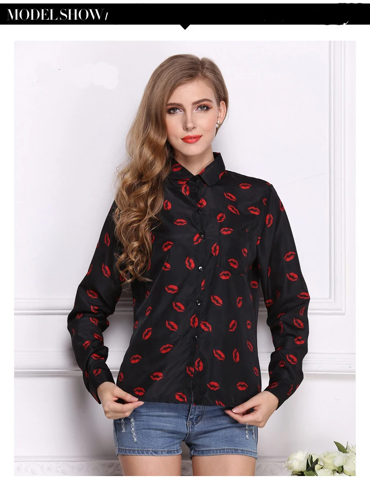 Блузка женская шифоновая с длинным рукавом и принтом в виде вишневых губ |