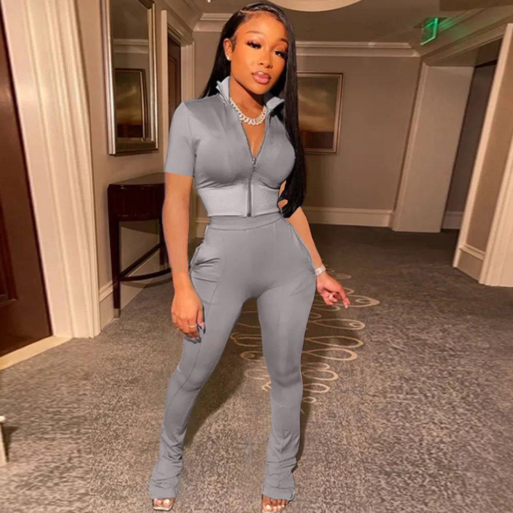 

Спортивный костюм для женщин, облегающий кроп-топ на молнии с коротким рукавом и штаны с колокольчиками, спортивные штаны для бега, Модный п...