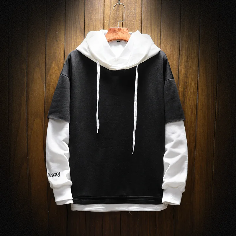 

Casual Men's False Two-piece Pullover Patchwork Hooded Cotton Breathable Stretchy Fashion Simple Male Sport Fitness Hoodies