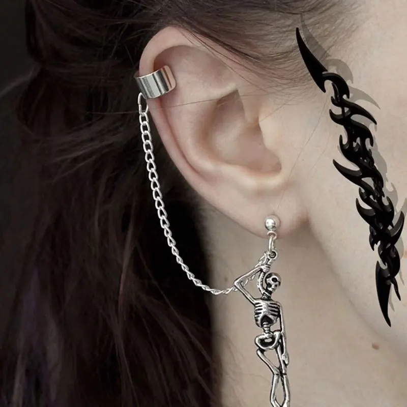 

Halloween Skull Earrings Jewelry Dangle Drop Punk Stud Earrings Tassel Ear Clip Women Asymmetrical Pendientes Ear Cuff 2020