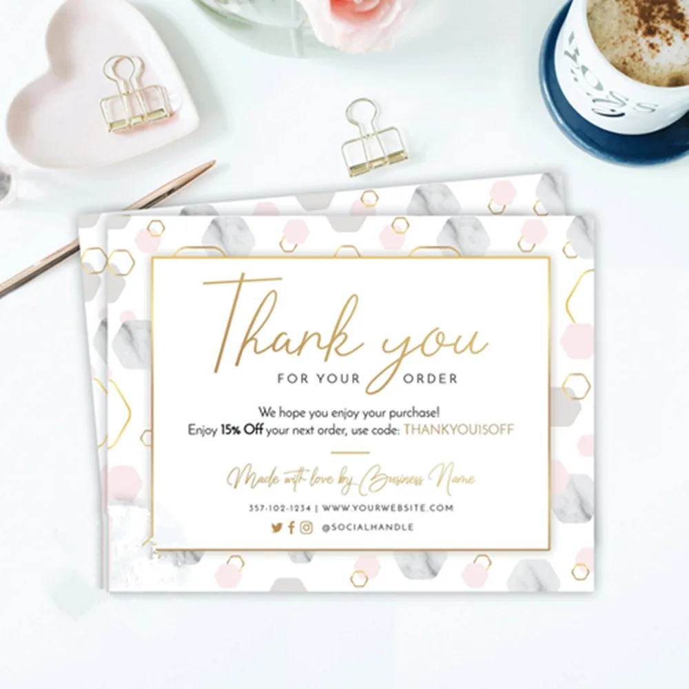 

Personalize Logo Business Name Card, Marble Gold Hexagons Thank You for Order Card , Thank you for your purchase cards