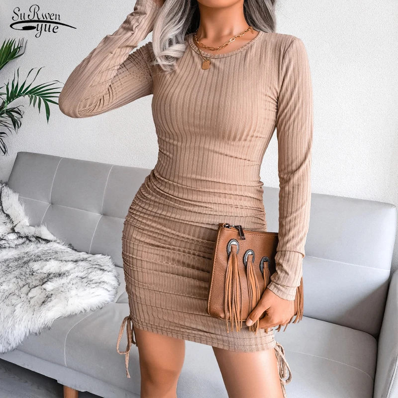 

Женское однотонное облегающее мини-платье с длинным рукавом, повседневное облегающее короткое платье-карандаш с круглым вырезом, Осенние н...