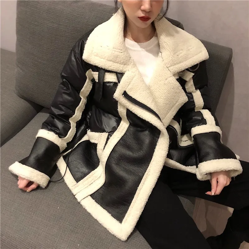WHITNEY WANG осенне-зимняя модная уличная шерстяная куртка из искусственной кожи с подкладкой женская кожаная куртка в байкерском стиле Толстая парка пальто