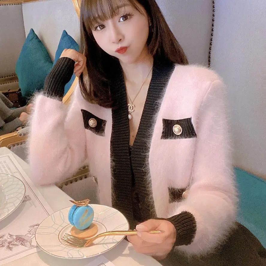 

French small fragrance pink waterproof mink cashmere sweater knitted jacket fashionable Korean versatile lazy style cardigan top