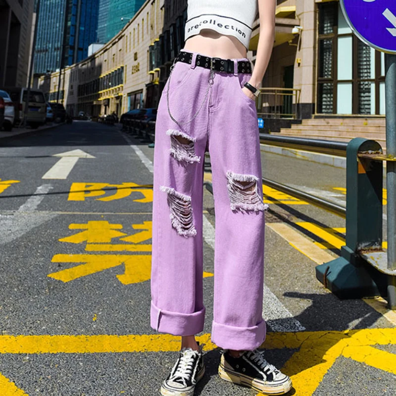 

JMPRS Streetwear Women Jeans High Waist Ripped Loose Straight Denim Pants Summer Fashion Hole Y2k Female Baggy Jeans New