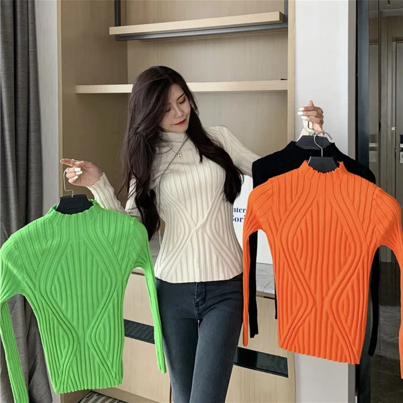 

X Tight Women Sweater Spring Autumn High Collar Long Sleeve Knitwear Sweater Sweet Slim Sweater Tops Solid Color Sweater*
