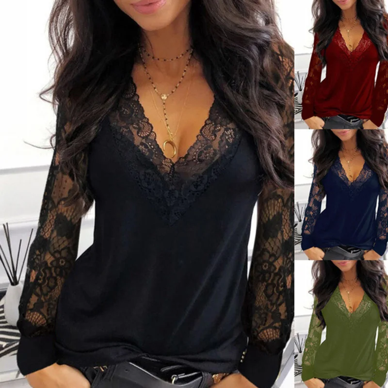 

Women Clothing Sexy Patchwork Lace Lace V-Neck Long Sleeve New Oversized T-shirt Solid Casual Female Clothing Tunics Top Women