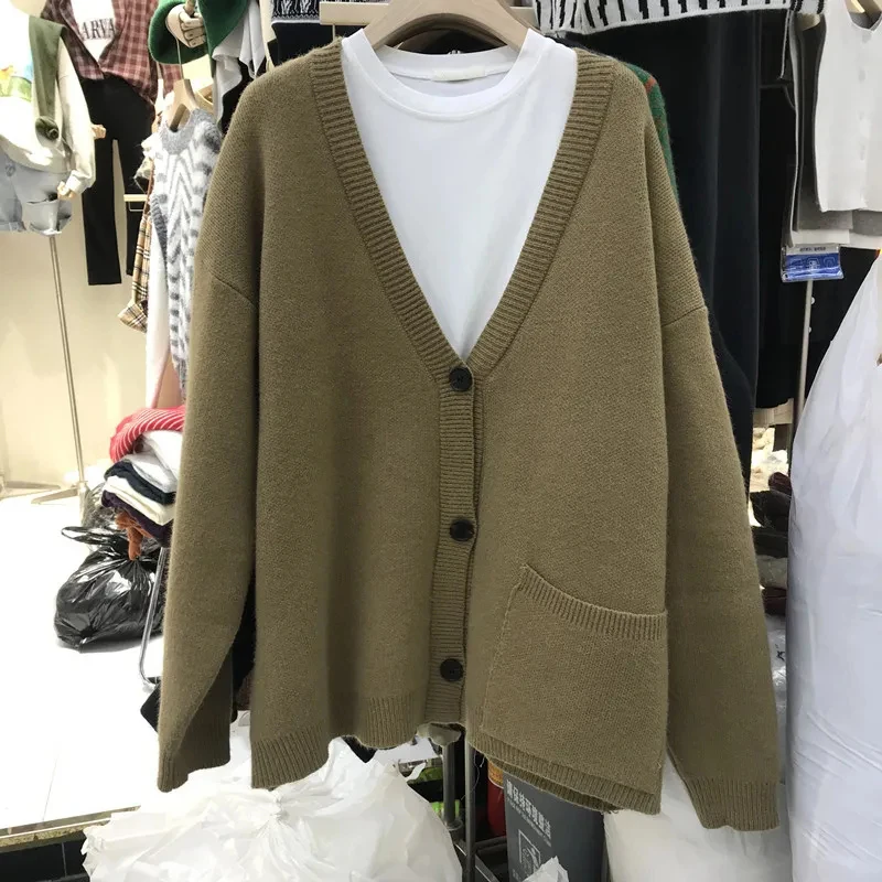 

Кардиган женский кашемировый однотонный, простой однобортный свободный свитер с V-образным вырезом, мягкая верхняя одежда в стиле оверсайз,...