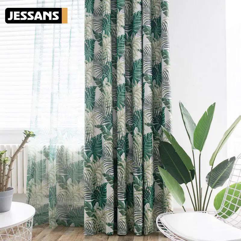 

Modern Pattern Tropical Green Leaves Printed Curtains for Living Room Rainforest Tulle Blackout Rate 85% Window Drape